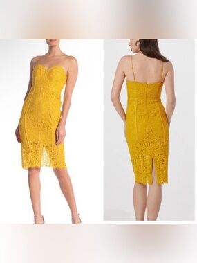 Bardot Sophia Mustard Yellow Lace Spaghetti-Strap Midi Dress